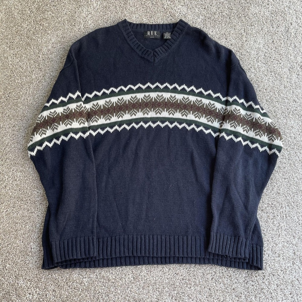 Y2K Rue 21 Sweater Mens Large Blue Fair Isle Knit V Neck Pullover Winter Casual